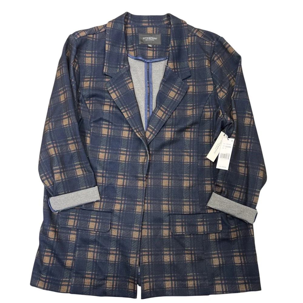 Liverpool Blazer Women 1X Navy Brown Tartan Plaid Relaxed Boyfriend Flap Pockets